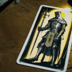 Rycerz z tarczą i mieczem, symbolizujący 8 mieczy uczucia, stoi na drewnianym stole.