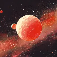 Czerwone planety, w tym Mars w raku, unoszą się w gwiezdnym pyle.
