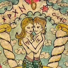 Tarot na miłość: dwie postacie w objęciach, otoczone chmurami i runami.