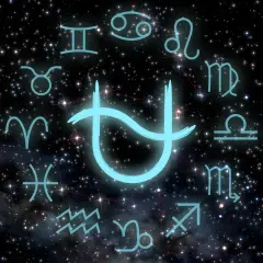 Jasnoniebieski symbol znaku zodiaku Wężownik otoczony innymi znakami zodiaku na tle gwieździstego nieba.