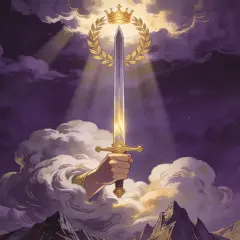 Dłoń wyłaniająca się z chmur dzierży lśniący miecz, symbolizujący zwycięstwo i triumf. Nad nim korona laurowa, niczym w karcie 7 mieczy tarot.