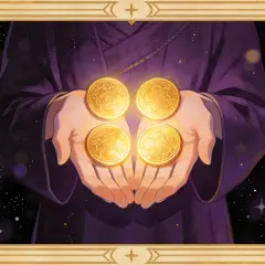 Dłonie trzymają cztery złote monety, symbolizujące bogactwo i stabilność. To karta 10 monet tarot, zapowiadająca dobrobyt.