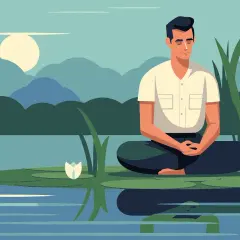 Mężczyzna medytuje na liściu lilii wodnej. Jak zacząć medytację mindfulness? Spokój natury inspiruje.