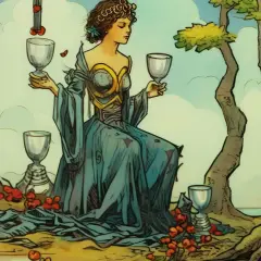 Kobieta w niebieskiej sukni trzyma kielichy, symbolizując 8 pucharów tarot. Otaczają ją drzewa i czerwone owoce.