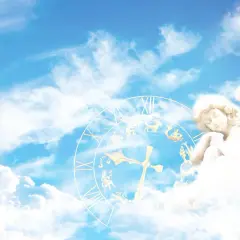 Anioł śpi na chmurach obok zegara zodiakalnego. Karty anielskie znaczenie symboli - czas i przeznaczenie.