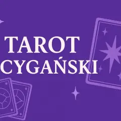 Tarot cygański magia kart. Fioletowe tło z białym napisem i stylizowanymi kartami tarota.