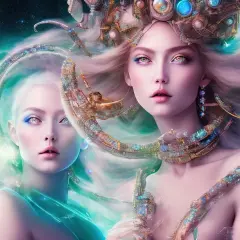 Dwie eteryczne postaci w kosmicznej scenerii. Jedna z nich, z koroną na głowie, przypomina kartę Diabeł z talii tarota, symbolizując pokusy i uczucia.