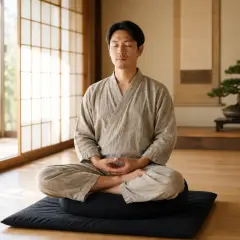 Mężczyzna w tradycyjnym stroju medytuje w pokoju zen. W tle widać drzewko bonsai.