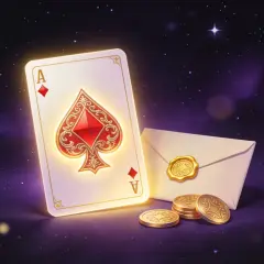 As pik, koperta ze złotą pieczęcią i monety na tle nocnego nieba. 10 karo znaczenie ukryte w tajemnicy.