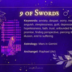 Karta 9 mieczy tarot: osoba pogrążona w zmartwieniach, symbolizująca lęk i bezsenność.