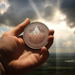Dłoń trzyma monetę z symbolem gwiazdy, jak w talii **Monet Tarot**, na tle burzowego nieba.
