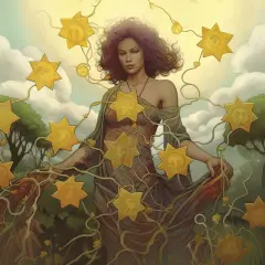 Kobieta otoczona siedmioma złotymi gwiazdami, symbolizującymi 7 denarów tarot. Wiosenna aura i bujna roślinność.
