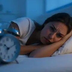 Zmartwiona kobieta leży w łóżku, patrząc na budzik. Szuka sposobu, co zrobić żeby zasnąć w 5 minut.