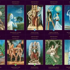 Karty zdrady tarot: mężczyzna z workiem na górze, kobieta z kwiatem, król z demonami, artystka malująca, kobieta w tańcu.