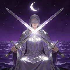Postać w fioletowej szacie, z zasłoniętymi oczami, trzyma skrzyżowane miecze. Nad nią sierp księżyca. To karta 3 mieczy tarot.