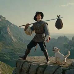 Młody podróżnik, niczym karta Głupiec w miłości, z sakwą na kiju i wiernym psem, wyrusza w góry.