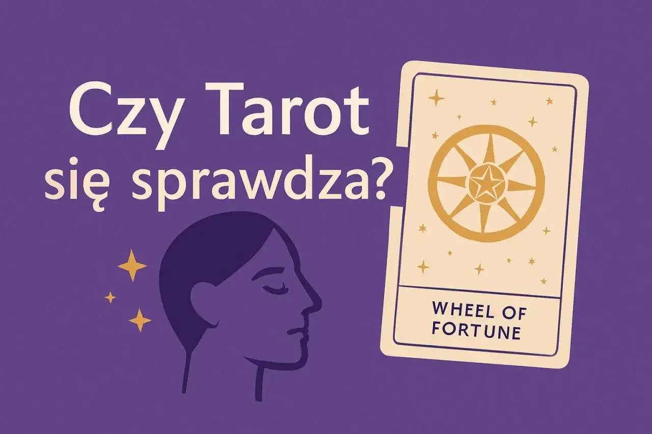 Czy tarot się sprawdza? Profil kobiety wpatrzony w kartę Koło Fortuny, otoczony gwiazdkami.