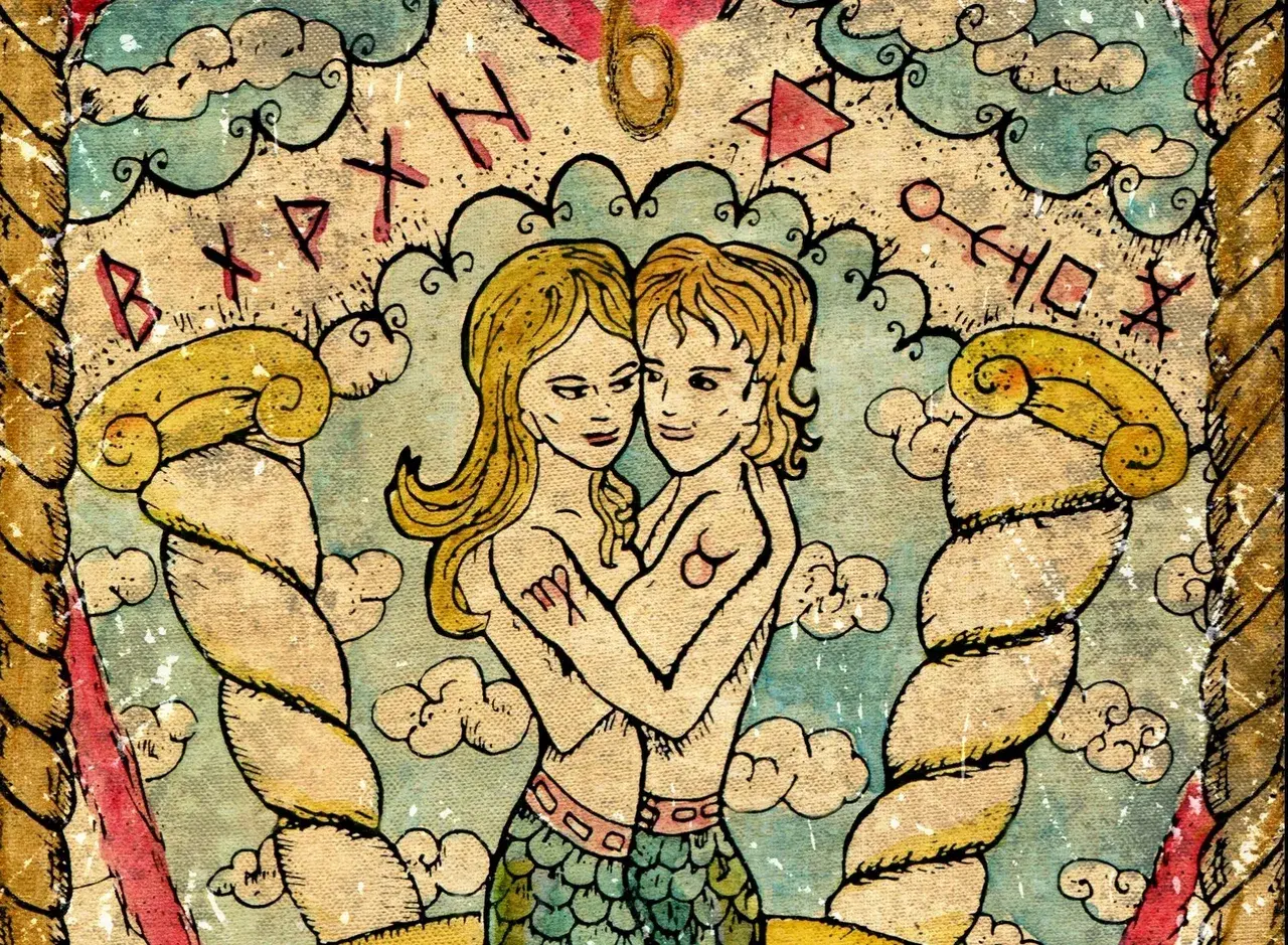 Tarot na miłość: dwie postacie w objęciach, otoczone chmurami i runami.