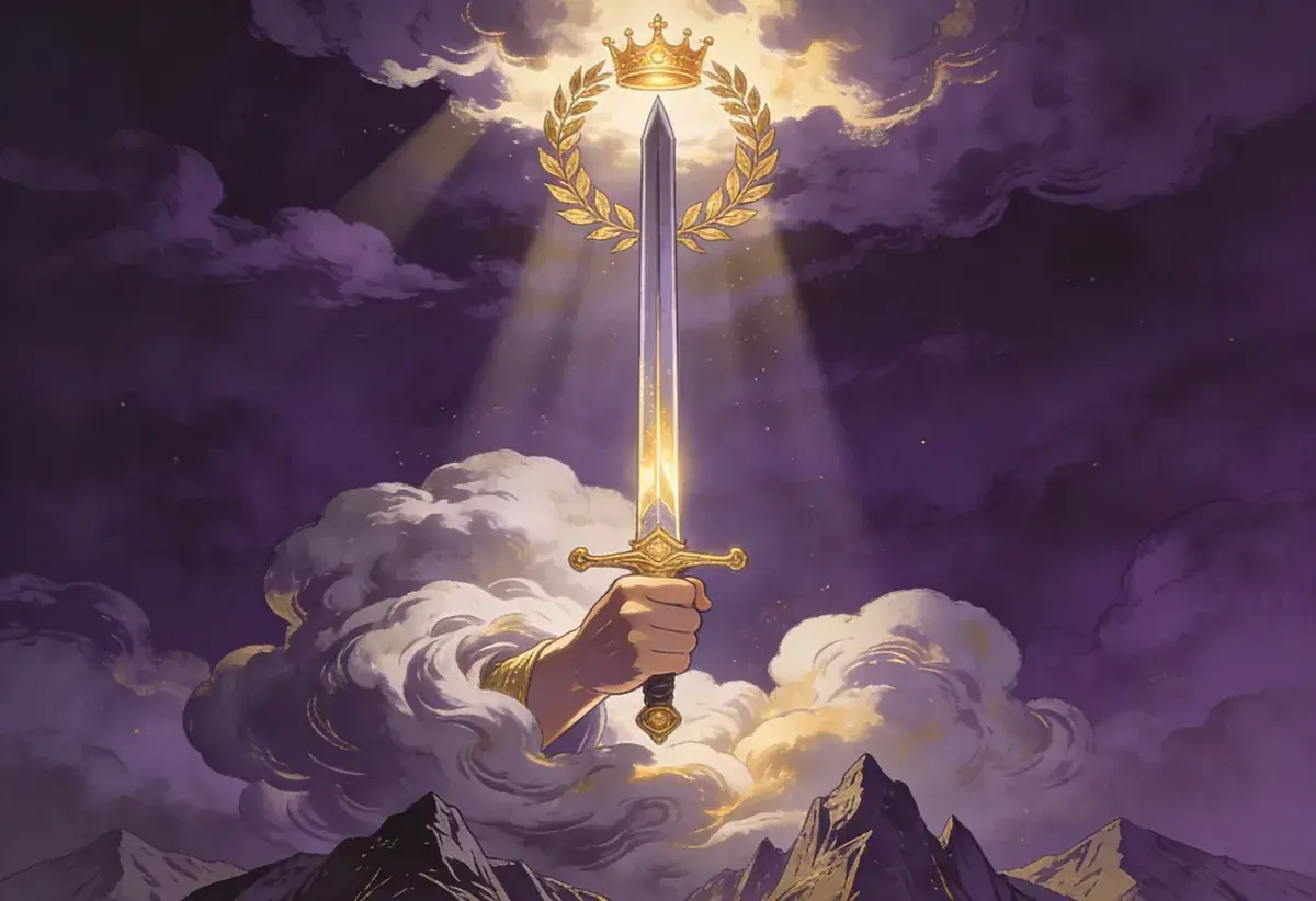 Dłoń wyłaniająca się z chmur dzierży lśniący miecz, symbolizujący zwycięstwo i triumf. Nad nim korona laurowa, niczym w karcie 7 mieczy tarot.