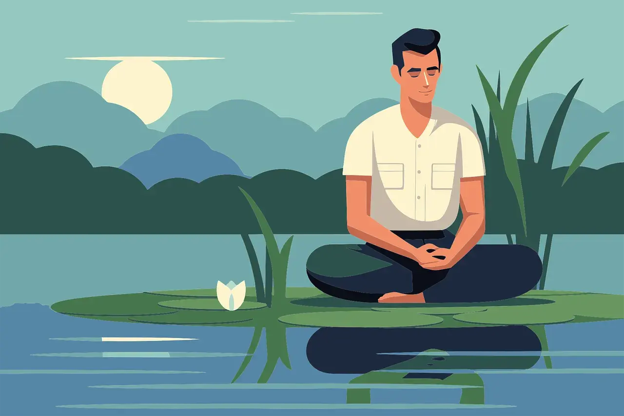 Mężczyzna medytuje na liściu lilii wodnej. Jak zacząć medytację mindfulness? Spokój natury inspiruje.