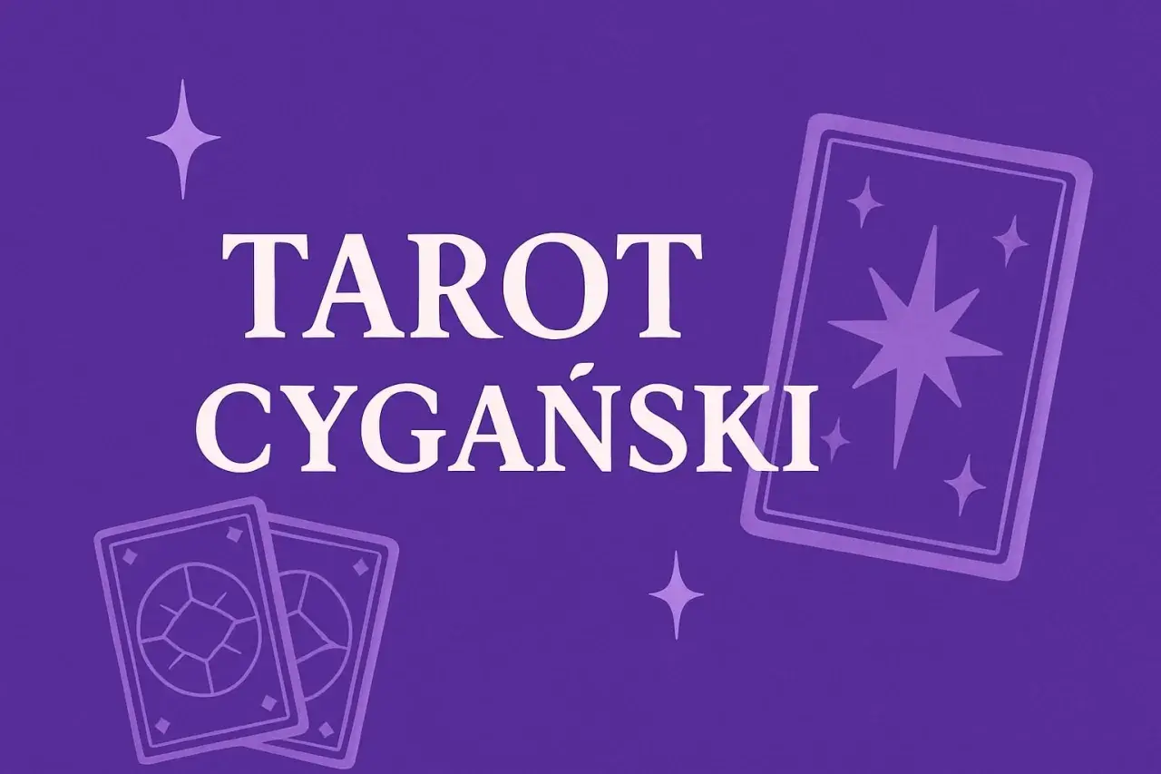 Tarot cygański magia kart. Fioletowe tło z białym napisem i stylizowanymi kartami tarota.