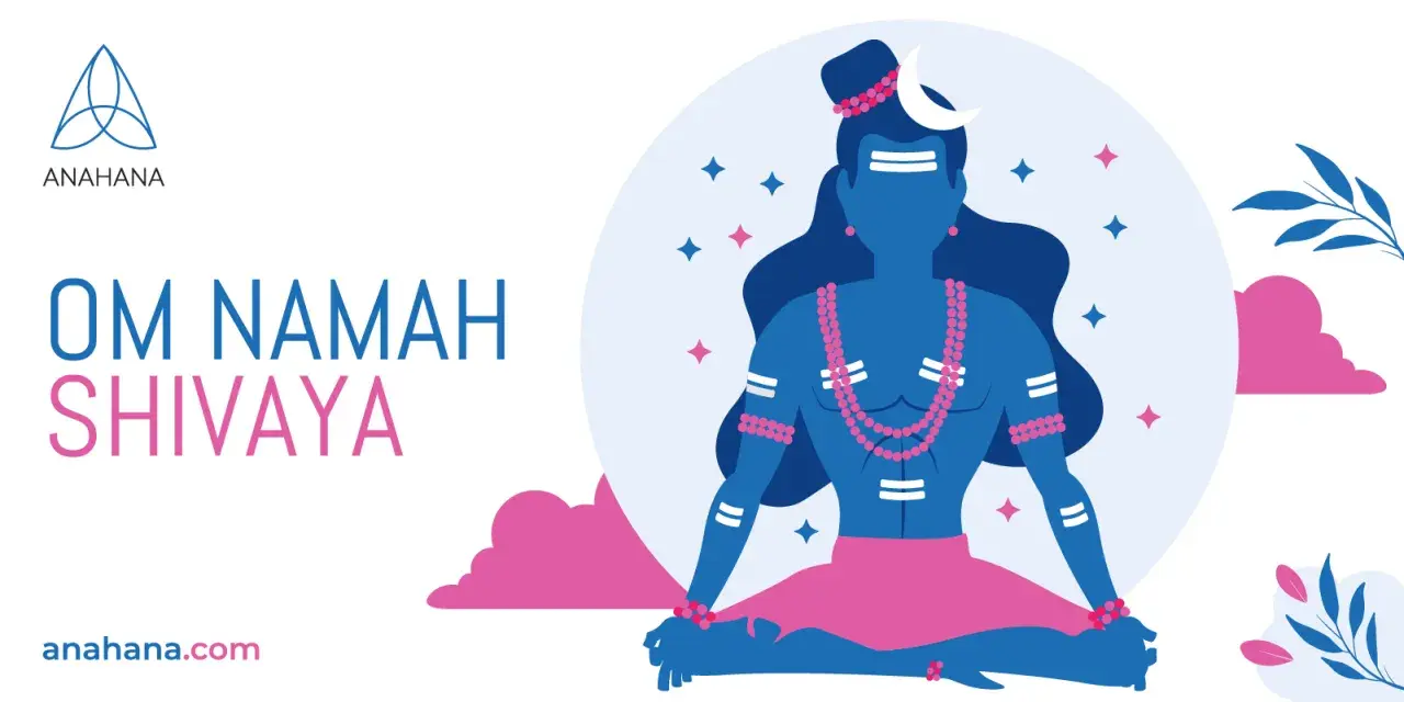 Ilustracja przedstawia Shivę w medytacji, z napisem "OM NAMAH SHIVAYA ZNACZENIE".