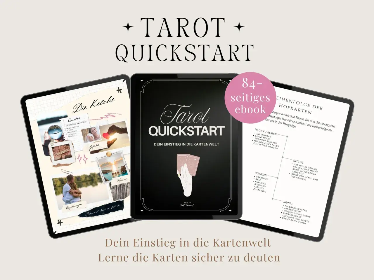Ebook "Tarot Quickstart" z instrukcjami, jak wróżyć z kart. Na ekranach tabletów widoczne są grafiki i teksty dotyczące tarota.
