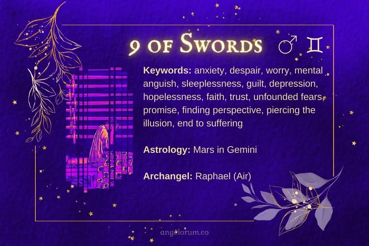 Karta 9 mieczy tarot: osoba pogrążona w zmartwieniach, symbolizująca lęk i bezsenność.