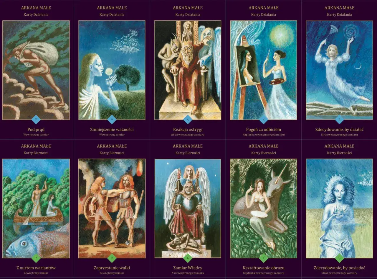 Karty zdrady tarot: mężczyzna z workiem na górze, kobieta z kwiatem, król z demonami, artystka malująca, kobieta w tańcu.