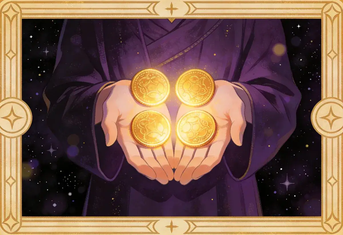 Dłonie trzymają cztery złote monety, symbolizujące stabilność i bezpieczeństwo. To obraz z talii 4 monet tarot.