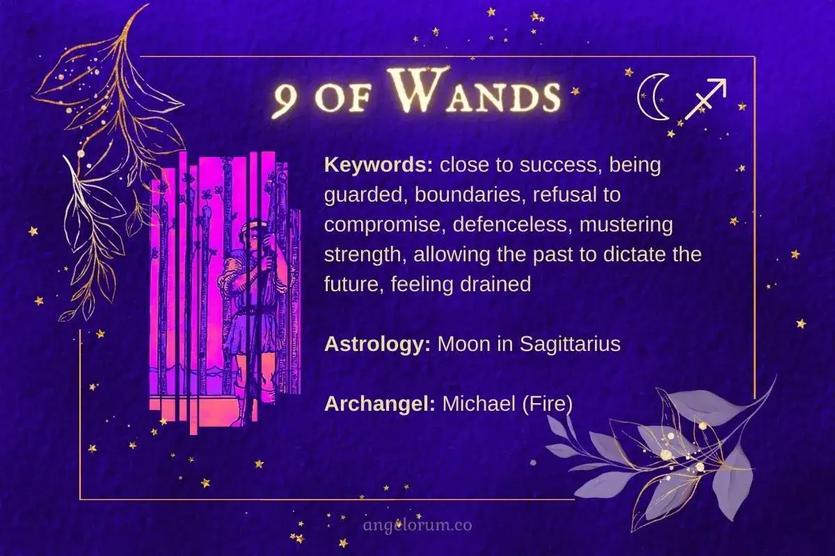 Karta 9 buław tarot: człowiek broni się przed dziewięcioma buławami, blisko sukcesu, ale czuje się wyczerpany.